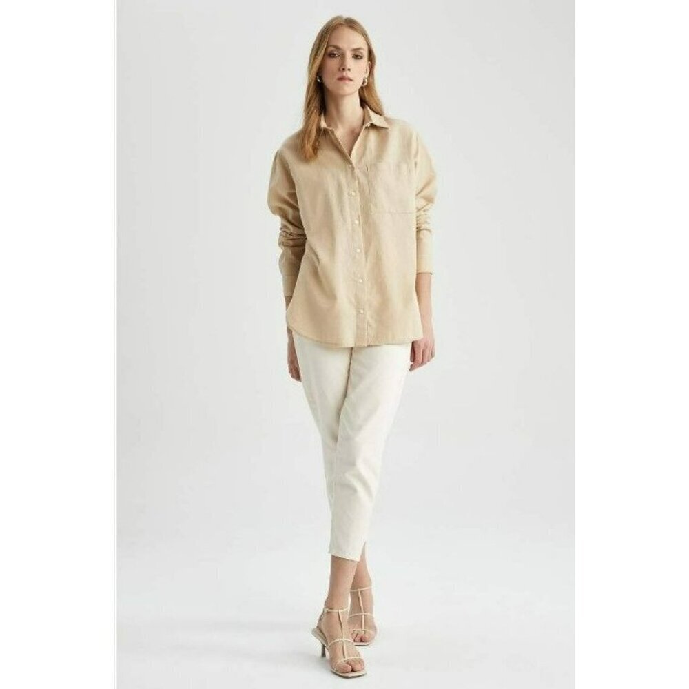 Zara Beige Oversize Fit Shirt Collar Linen Long‎ Sleeve Relaxed Fit Large Blouse